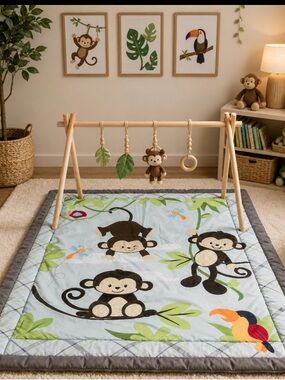Homemade neutral Baby nursery Quilt blanket w Monkey (velvet pop out) tree bird